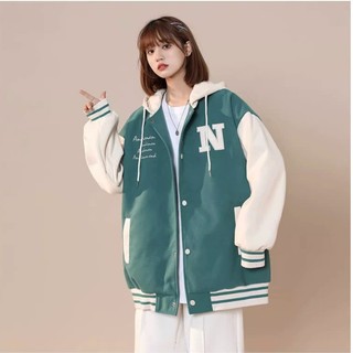  Áo hoodie nữ - khoác nỉ Bomber Unisex có mũ 2 lớp ulzzang phong cách Hàn Quốc thêu chữ N có Cúc bấm 