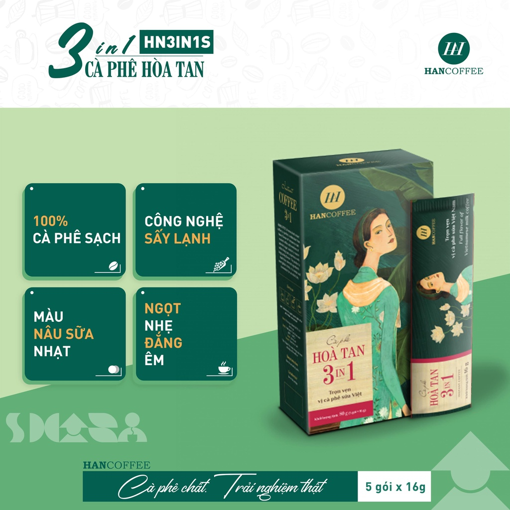 Cà Phê Hòa Tan 3IN1 Sấy Lạnh HANCOFFEE Ngọt Nhẹ, Đắng Dịu, Thơm Mùi Sữa. Coffee Hòa Tan Hộp 5 Gói