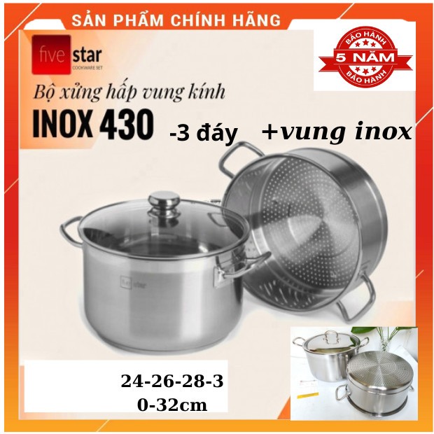 Bộ Nồi Xửng Hấp Inox 3 Đáy Fivestar -Đừơng Kính 24-26-28-30-32cm-Nắp Kính-Dùng Bếp Từ Chính Hãng, Bảo Hành 5 Năm