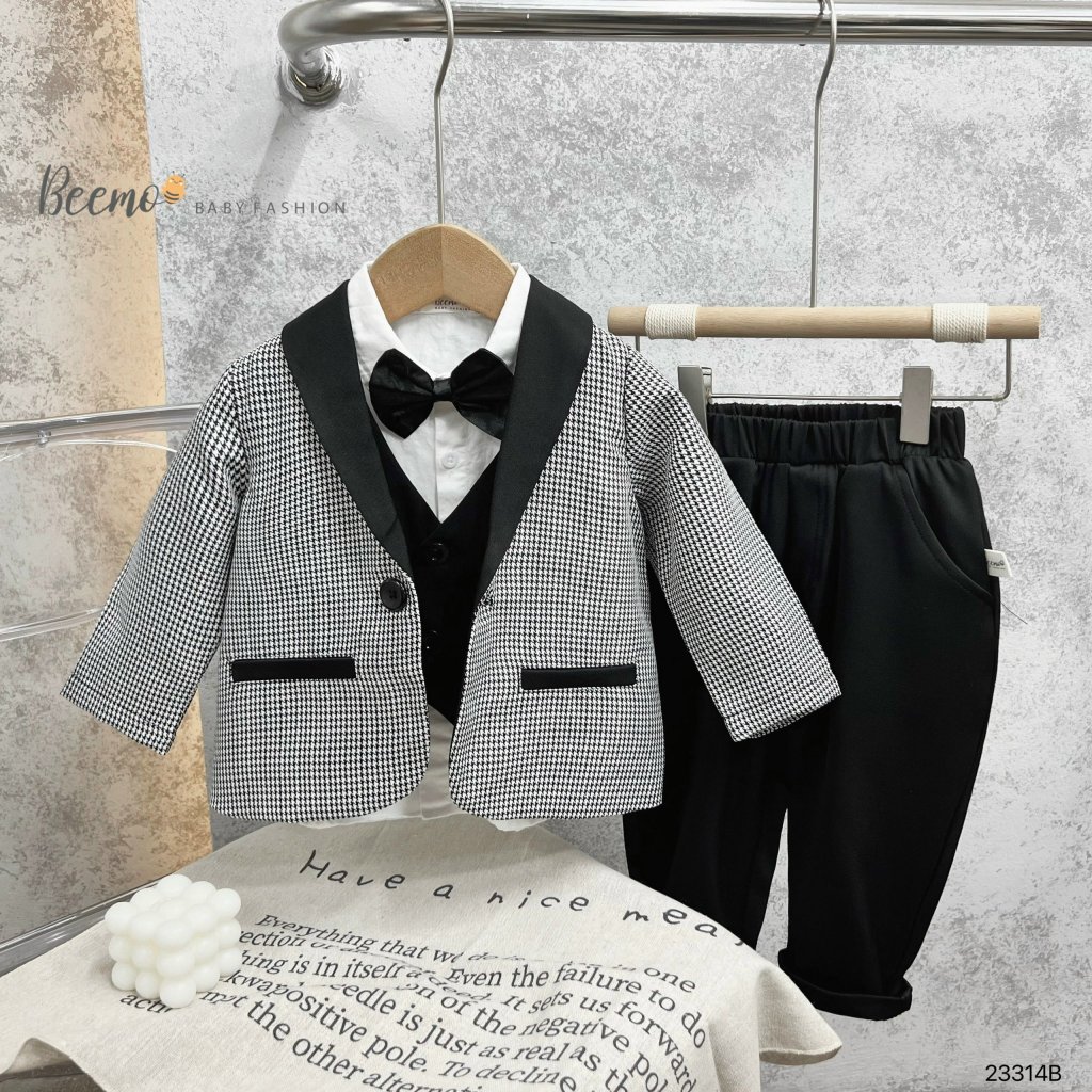 [CHÍNH HÃNG] Bộ com lê/ vest 5 chi tiết (áo khoác, gile, sơ mi, quần & nơ cổ) bé trai cao cấp BEEMO