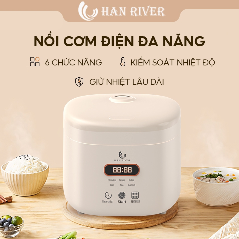 HAN RIVER Nồi cơm điện mini 1.2 lít lòng nồi Thông Minh Có Nhiều Chế Độ Nấu Cơm, Nấu Cháo, Súp - Hàng chính hãng