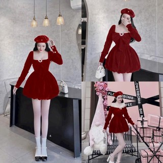 Đầm váy nữ phối nhung bí 2 lớp tay dài tôn dáng trẻ trung xinh xắn dễ thương