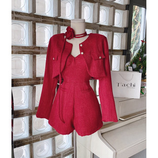 Set jum dạ đỏ 2s cúp ngực kèm khoác crop + chocker cổ hoa |kèm ảnh sàn thật💯