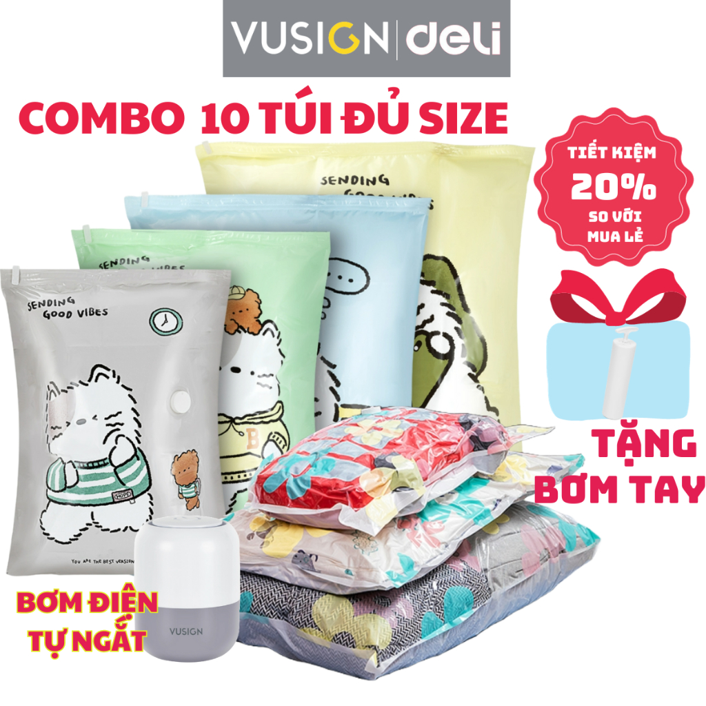 [Tặng Bơm] Combo 10 Túi Hút Chân Không Quần Áo Chăn Màn Đủ Size Deli Chống Ẩm Mốc Bảo Quản Quần Áo, Siêu Dai Tái Sử Dụng