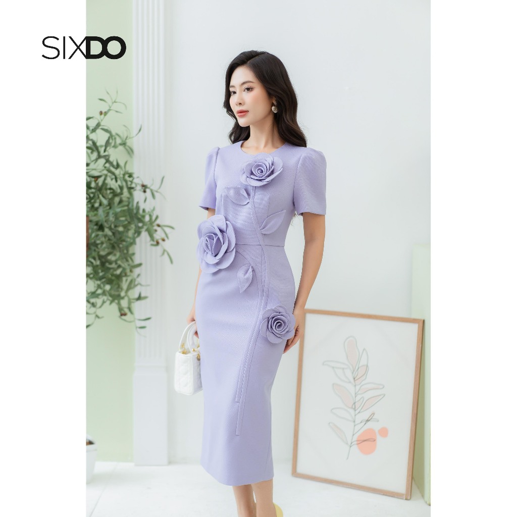 Đầm thô tím dáng bút chì phối hoa SIXDO (Lilac Puff-sleeves Midi Raw Dress)
