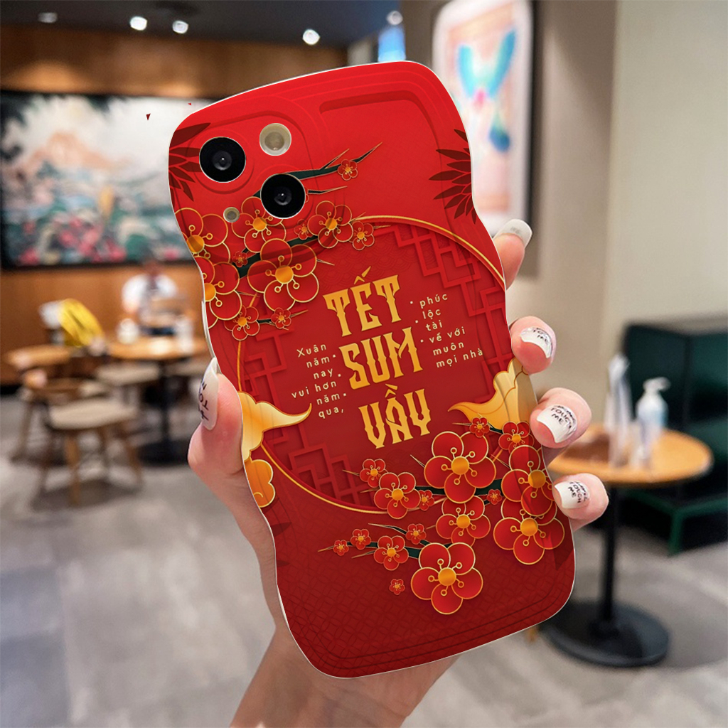 Ốp Điện Thoại iphone Viền Gợn Sóng Tết Sum Vầy hoa đào đỏ iPhone 7plus 6plus 11 7 8 12 13 14 15 xr max sm6024