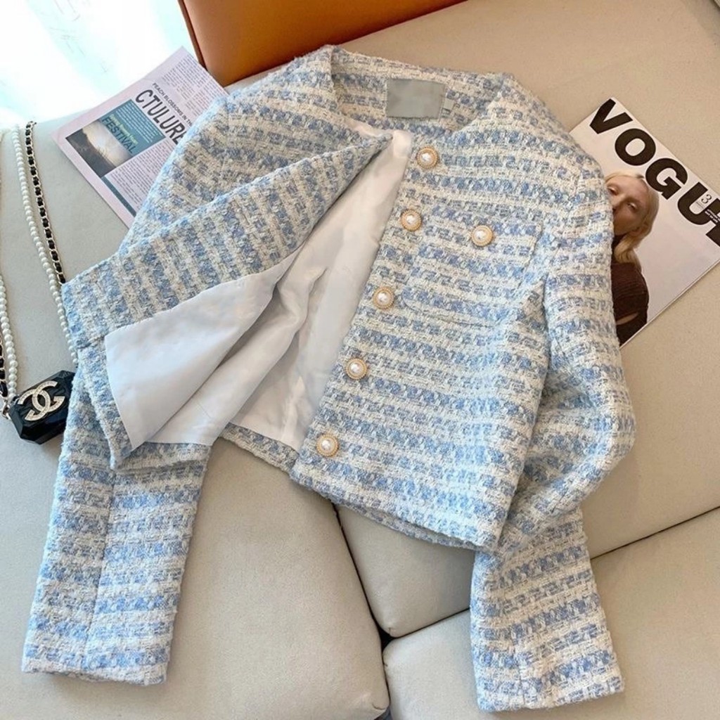 Áo Dạ Tweed Cổ tròn SEA COAT Siêu Sang chảnh, Áo Dạ Kẻ Xanh Vạt Vuông hàng thiết kế cao cấp loại 1  - Thương hiệu Azila