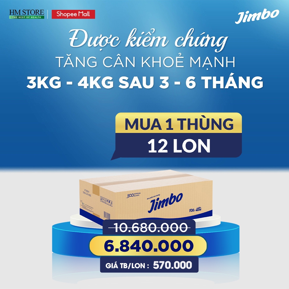 Một thùng 12 lon sữa JIMBO tăng cân, tăng sức đề kháng cho trẻ từ 3 đến 18 tuổi giá siêu ưu đãi