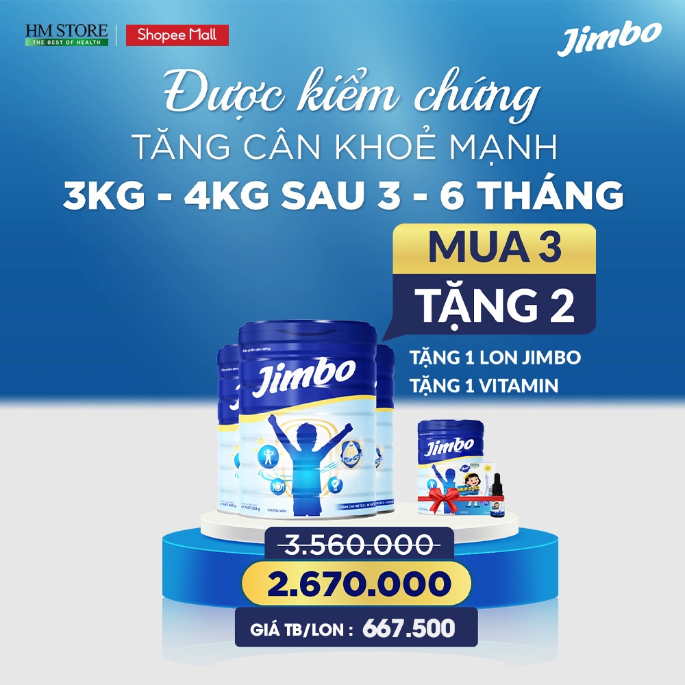 Sữa bột JIMBO tăng cân, tăng sức đề kháng cho trẻ tặng 1 Jimbo 650g và 1 Vitamin tự chọn