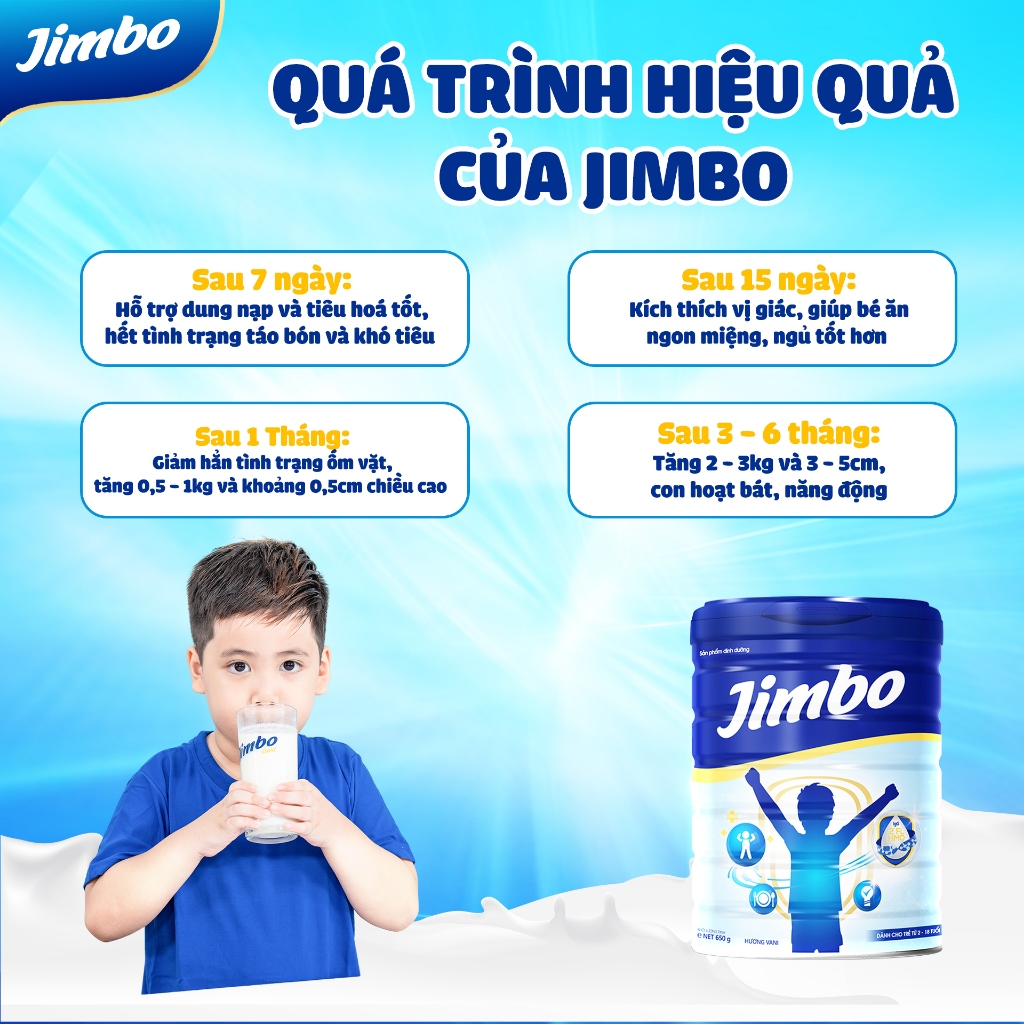Sữa bột JIMBO tăng cân, tăng sức đề kháng cho trẻ tặng 1 Jimbo 650g và 1 Vitamin tự chọn