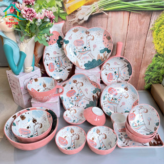 Bộ bát đĩa sứ Hươu Hồng-chén bát Decor-bộ bát ăn cơm dễ thương phủ men bóng màu hồng,chén dĩa sứ đáng yêu VuaDecor