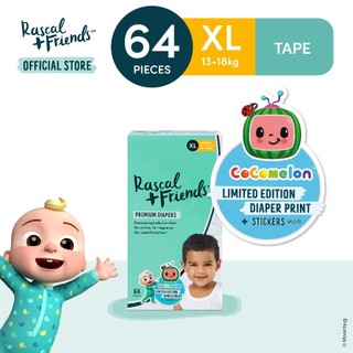 Tã/Bỉm Dán Rascal + Friends Cocomelon Size XL 64 miếng - Kèm sticker ngẫu nhiên