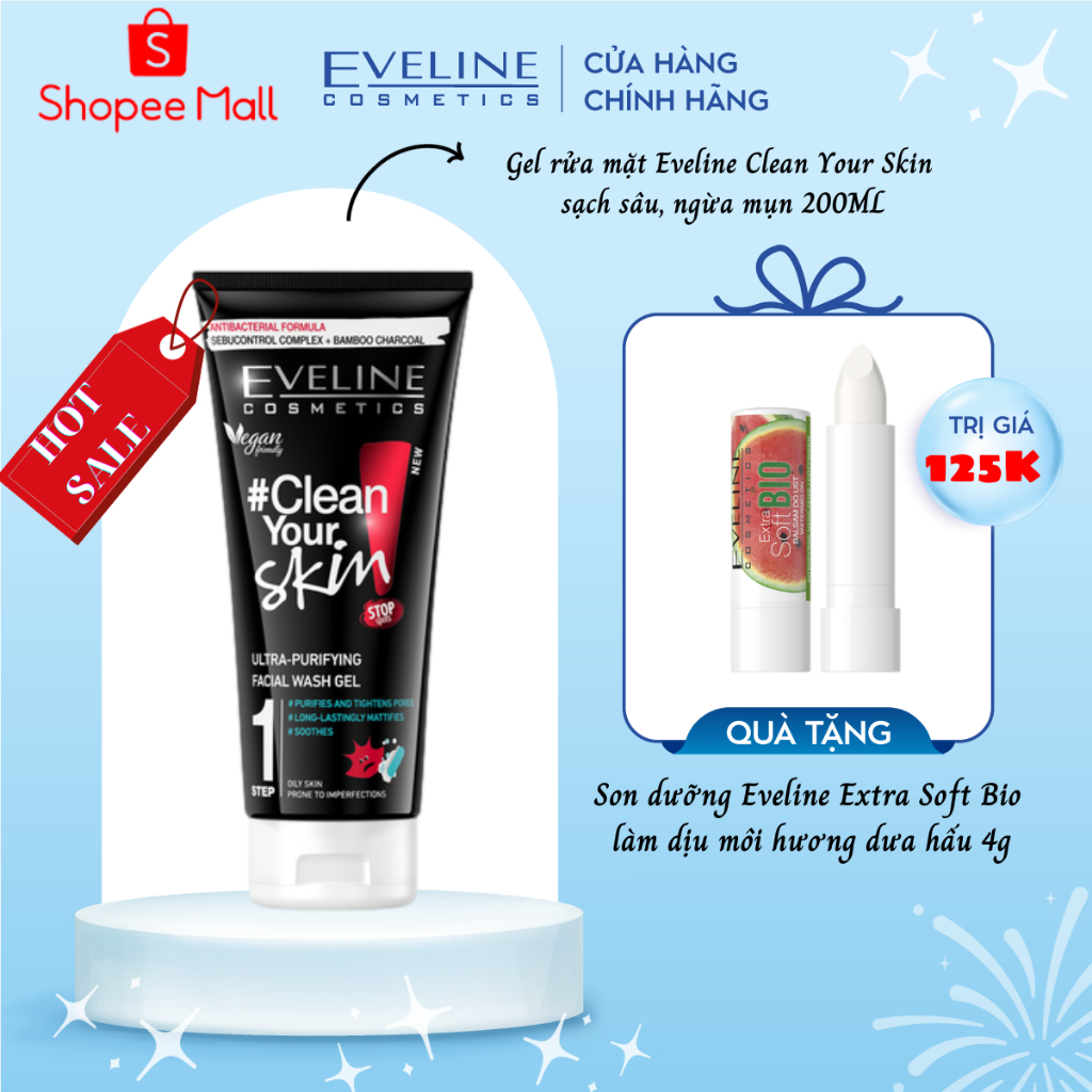 Gel rửa mặt sạch mụn kiềm dầu Eveline Clean Your Skin 200ml