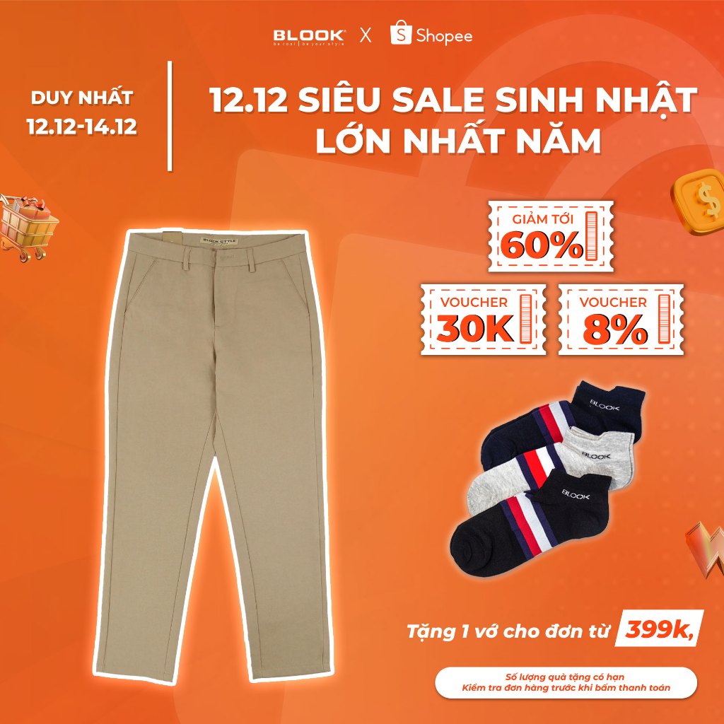 Quần Dài Kaki Nam Form Slim Fit BLOOK - Chất Vải Kaki Cotton thoáng mát mã 30271