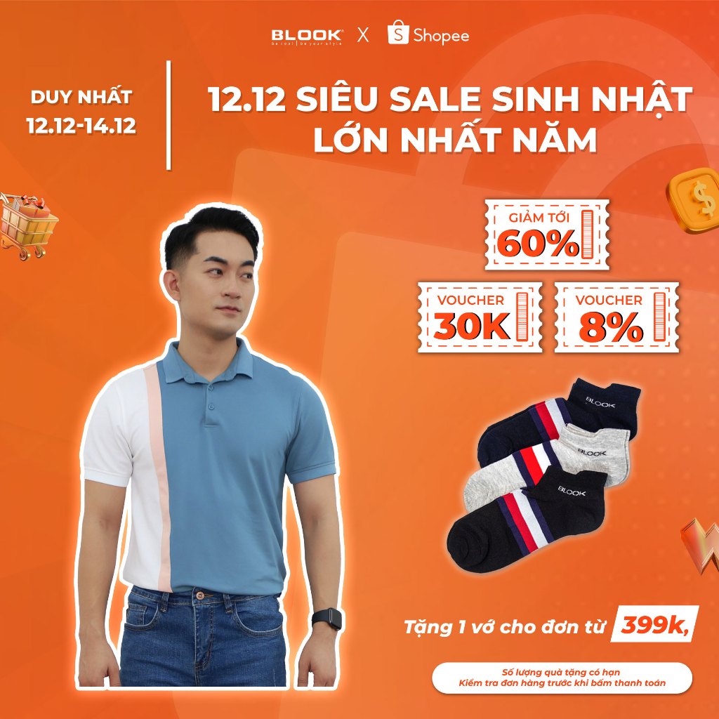 Áo polo nam slimfit BLOOK Vải thun cá sấu Thoáng Mát Phối sọc Thanh lịch 35556