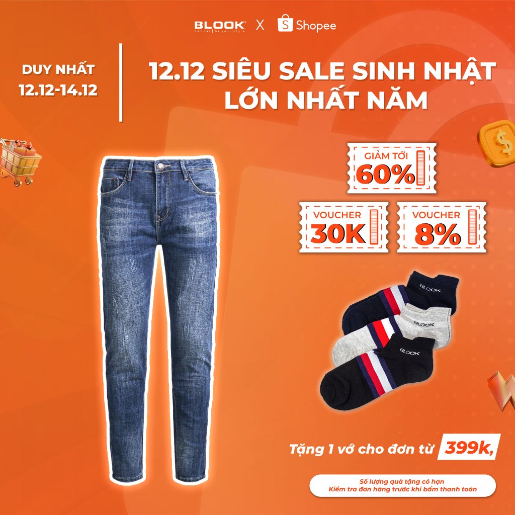 Quần Jeans BLOOK form slimfit ống đứng , không rách co giãn mã 30159 màu Xanh Denim [ HÌNH THẬT)