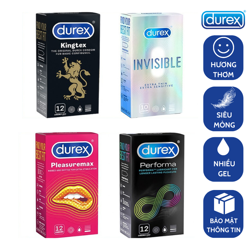 Combo 4 hộp Bao Cao Su Durex chính hãng tùy chọn pleasuremax. invisible. performa. kingtex. fertherlite