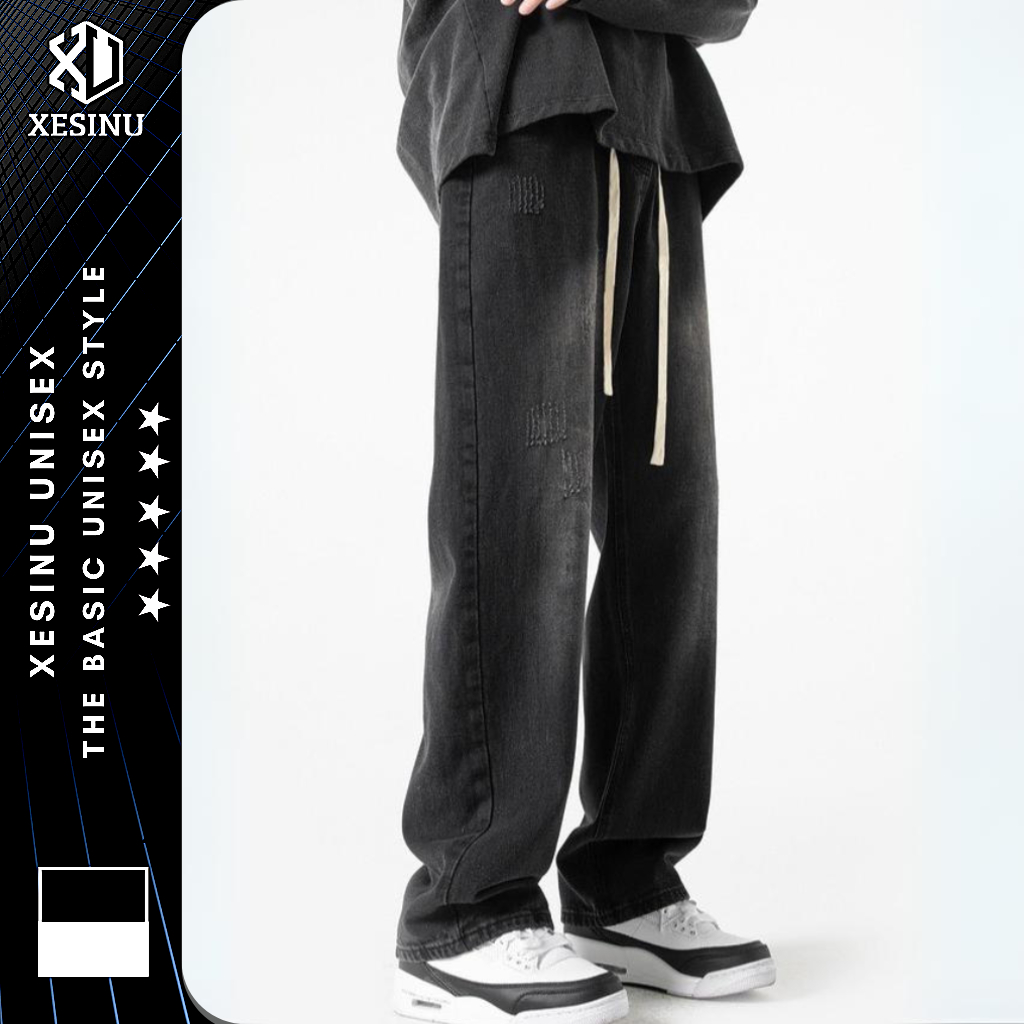 Quần jean nam CẠP CHUN ỐNG RỘNG XESINU, Dáng Suông Dây Rút Phong Cách Hàn Quốc JC