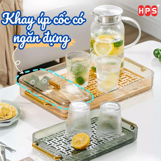  Khay úp ly cốc trong suốt 2 lớp kèm hộp lưu trữ đựng trà cafe đa năng chất liệu nhựa acrylic,Khay trà cao cấp để bàn 