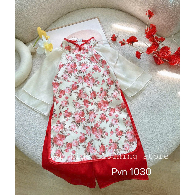 Áo dài hoa nhí tay 2 lớp bé gái