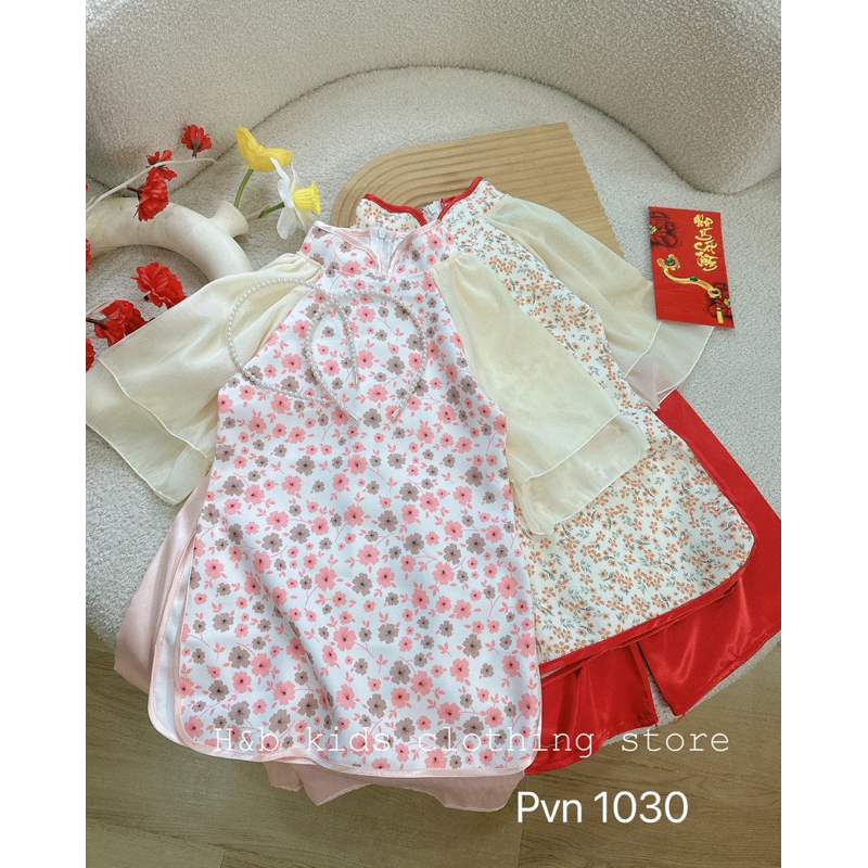 Áo dài hoa nhí tay 2 lớp bé gái