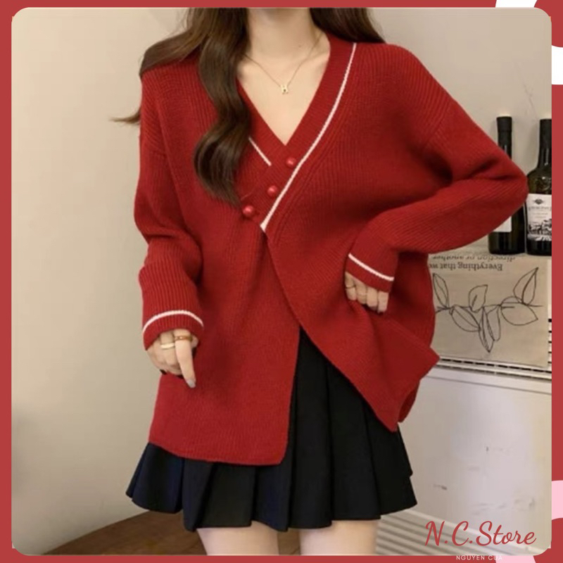 Áo Len Lông Cừu Mềm Mịn Cổ V Viền Chéo 3 Cúc Phong Cách Hàn Dễ Thương