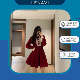 Đầm xoè tùng tay dài, phối bèo voan cài nút tay, đầm màu đỏ bordeaux, voan trắng, lenavi fashion