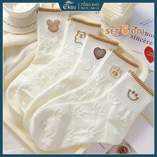 Tất vứ nữ màu trắng set 5 đôi cổ cao họa tiết thêu tinh tế chất liệu cotton co giãn thoáng khí - Ekiu Shop 