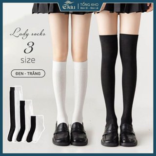  Tất vớ nữ 3 chiều cao đen và trắng trơn Basic dễ phối đồ chất liệu cotton dệt kim dày dặn thoáng khí - Ekiu Shop 