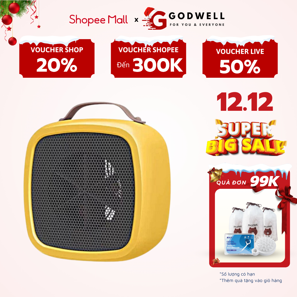 Quạt sưởi ấm mini để bàn hình vuông GODWELL , máy sưởi ấm mini để bàn mùa đông công suất 500W tiện lợi