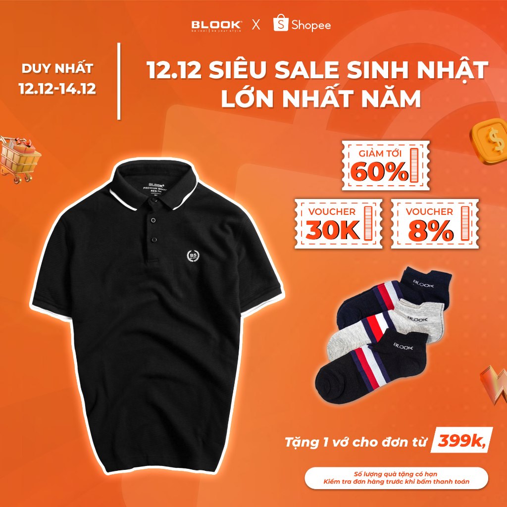 Áo Polo nam BLOOK cổ bẻ vải thun cotton màu trắng phối sọc xanh, xuất xịn 33389