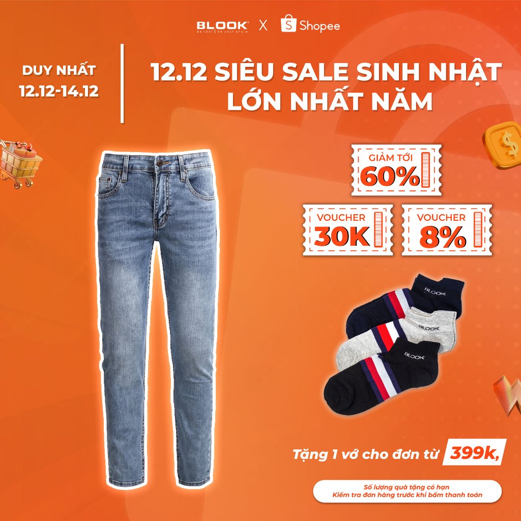 Quần Jeans BLOOK form slimfit ống đứng , không rách co giãn mã 80601