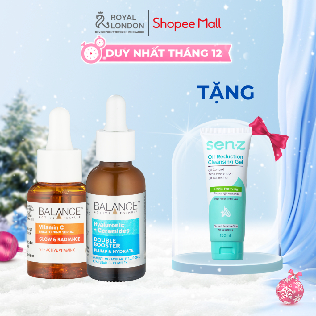 Combo serum sáng da, dưỡng ẩm Balance Vitamin C Brightening 30ml và Hyaluronic Acid + 3% Ceramides 30ml