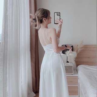 ĐẦM MIDI DÂY CỔ YẾM TAG HOA XẾP EO