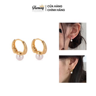 Khuyên tai tròn nữ bạc 925 hạt ngọc trai nhân tạo 2 màu xi bạch kim và vàng hồng sang chảnh K84 | HARMONY ACCESSORIES