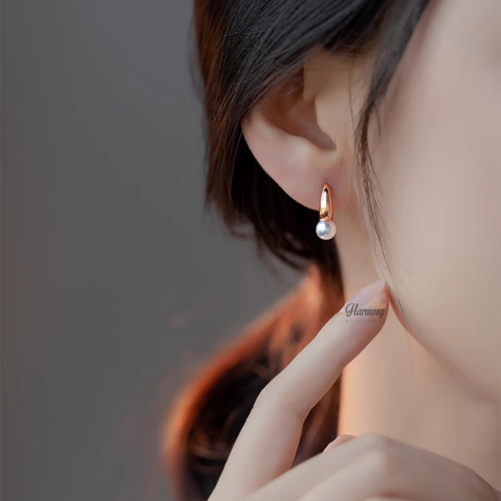 Khuyên tai tròn nữ bạc 925 hạt ngọc trai nhân tạo 2 màu xi bạch kim và vàng hồng sang chảnh | HARMONY ACCESSORIES K84