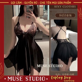Váy ngủ sexy, đầm ngủ voan xuyên thấu xẻ tà trước, ngực phối ren gợi cảm