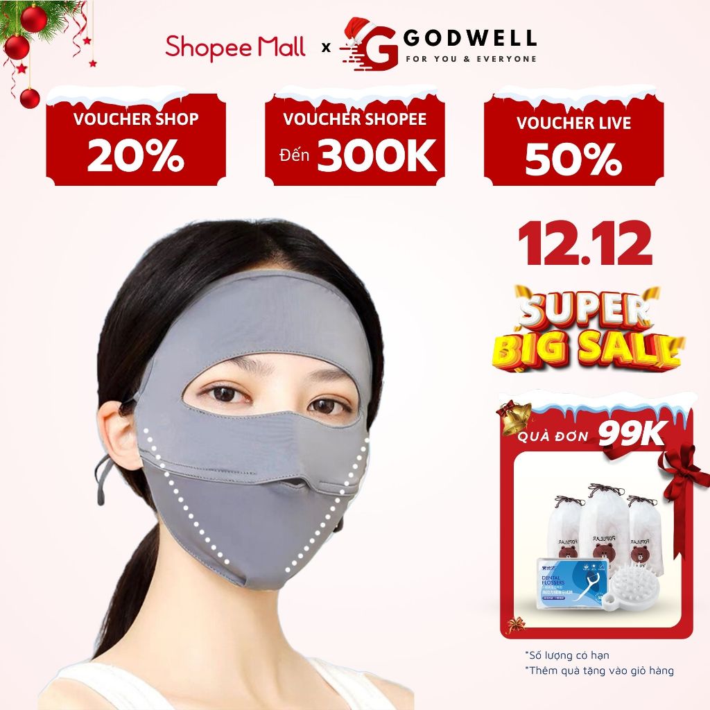 Khẩu trang toàn mặt GODWELL chống 99% tia UV khẩu trang ninja hai lớp chống nắng UPF 50+