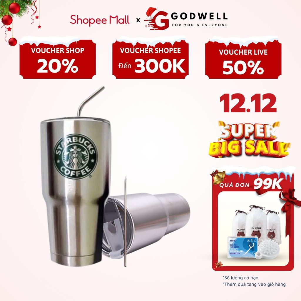 Ly Giữ Nhiệt GODWELL 900ml Nắp Chống Tràn Tặng Kèm 2 ống Hút, Cọ Rửa Và Túi Đựng Thời Trang cốc giữ nhiệt