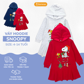 Váy giáng sinh có nón snoopy, đầm dài tay có nón, túi cho giáng sinh thun da cá cho bé 3 -14t, 14-45kg dtdhoodiesnoopy