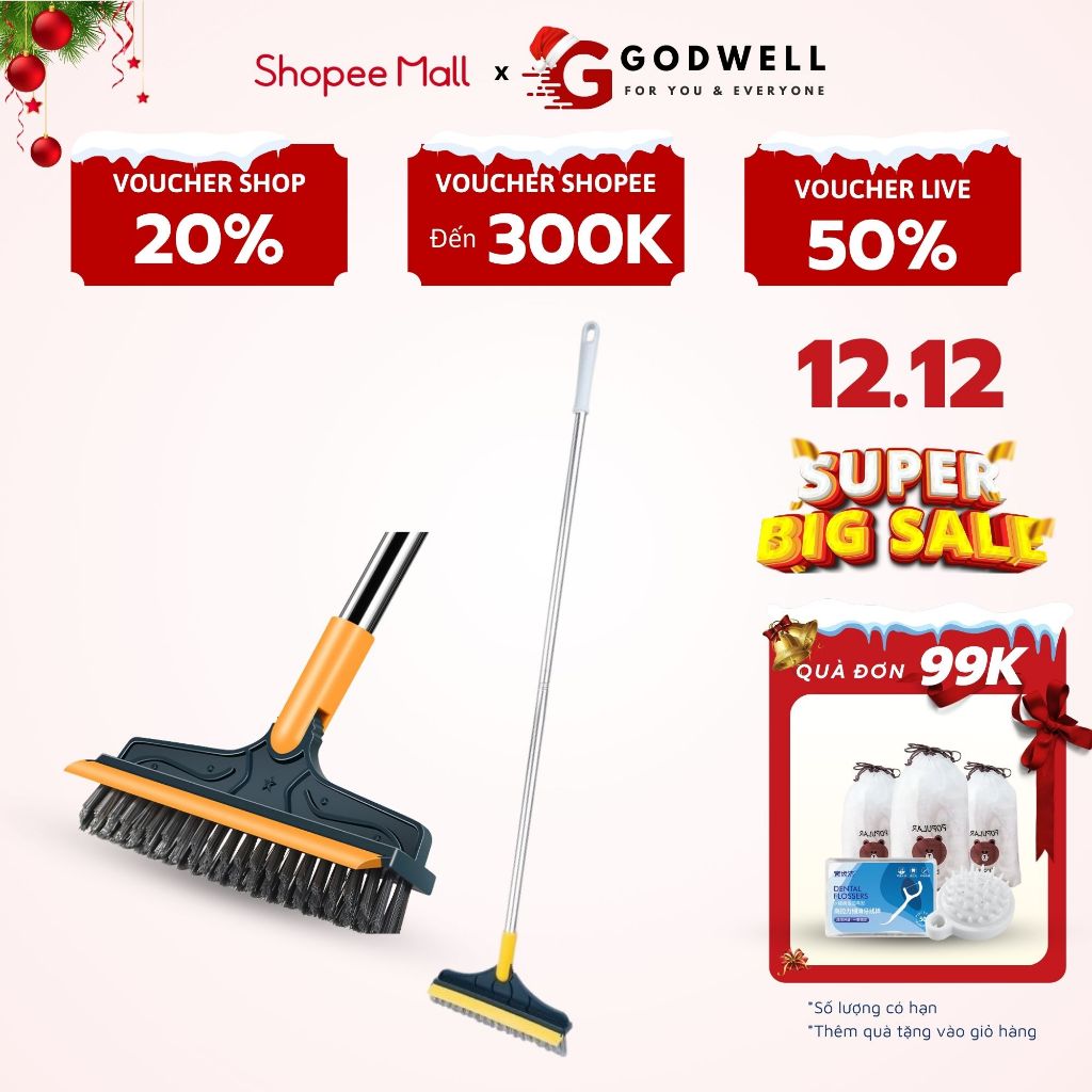 Chổi chà sàn gạt nước nhà tắm nhà vệ sinh đa năng 2 trong 1 cây cọ sàn xoay 120 độ GODWELL - CCS9
