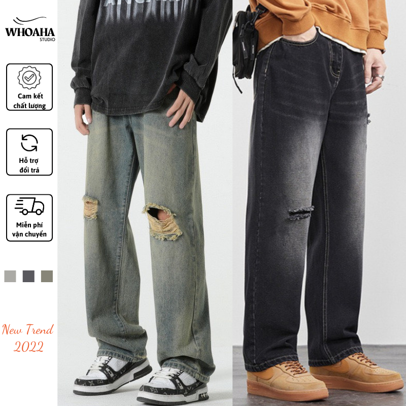 Quần jean nam RETRO 2 màu đen xanh trơn basic, quần ống rộng nam Whoaha form suông chất bò cao cấp hottrend 2023