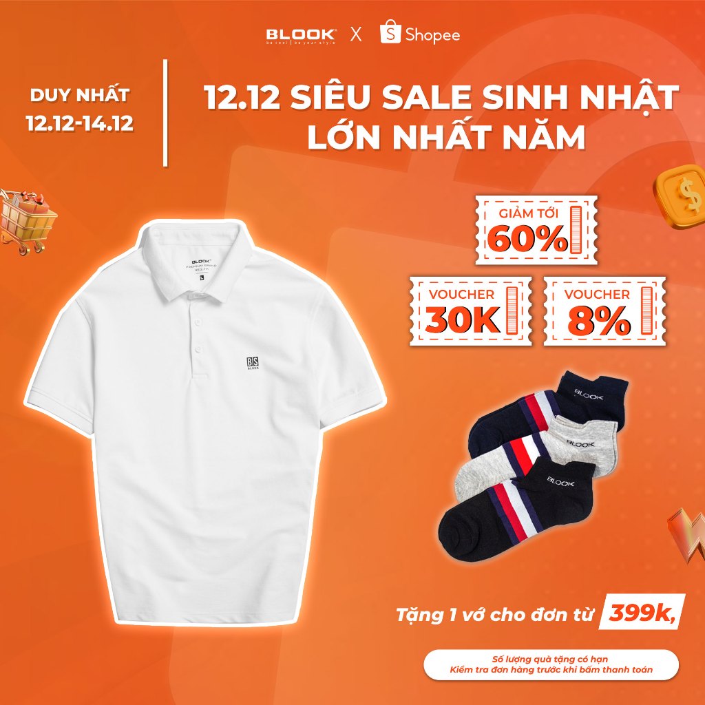 Áo polo nam basic BLOOK chất vải thun cá sấu cotton co giãn in logo BS đơn giản 3 màu 33289