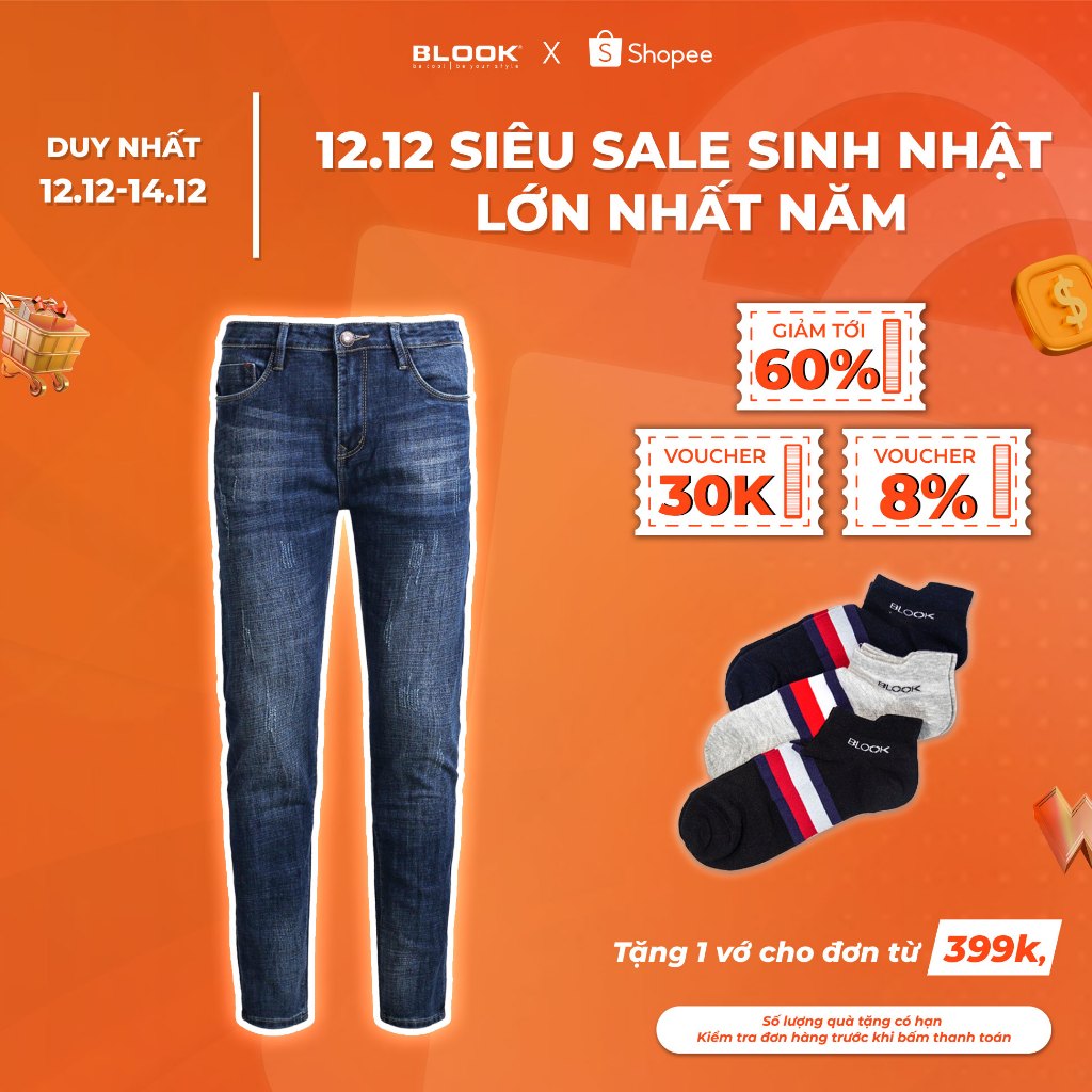 Quần Jeans BLOOK form slimfit ống đứng , không rách co giãn mã 30160 màu Denim [ HÌNH THẬT)