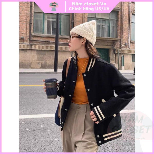 Áo khoác boomber varsity jacket chất da lộn lót lông cao cấp form rộng cá tính - NấmCloset014