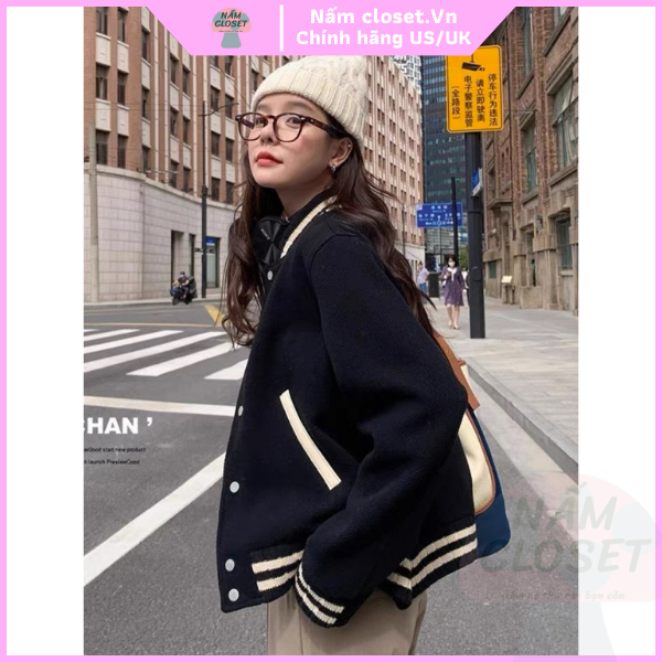 Áo khoác boomber varsity jacket chất da lộn lót lông cao cấp form rộng cá tính - NấmCloset014