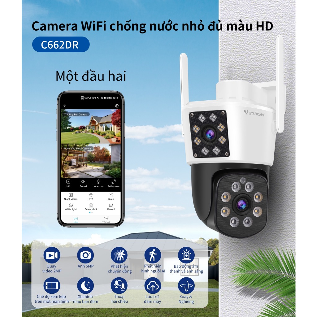 Camera IP VSTARCAM Ngoài Trời C662DR FullHD Tích Hợp Thêm 1 Mắt Camera Phụ