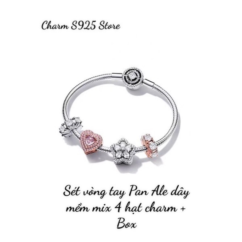 COMBO BỘ VÒNG TAY PAN ALE MIX 4 HẠT CHARM VÀNG HỒNG TRĂNG ĐÍNH ĐÁ BẠC S925