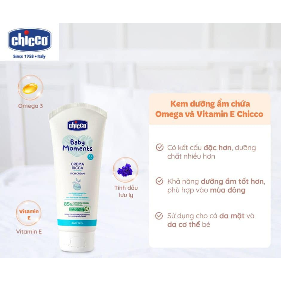 Kem dưỡng ẩm Chicco chứa Omega và vitamin E 100ml, chăm sóc cơ thể bé mẫu mới nhất - Hàng chính hãng