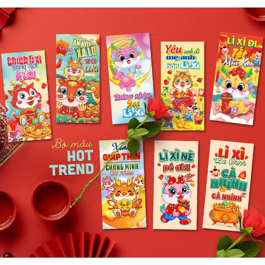 Bộ 10 Bao lì xì Tết 2024 Giáp Thìn trang trí phong đỏ truyền thống chibi đẹp độc lạ